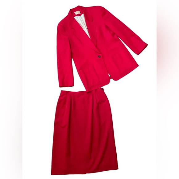 Pendleton Vintage 70s Red Virgin Wool Business Work Two Piece Skirt Suit Set - Picture 2 of 11